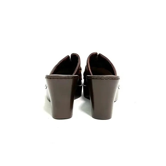 Vintage 1990s brown leather leopard print pony hair platform wedge mule clogs