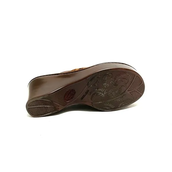 Vintage 1990s brown leather leopard print pony hair platform wedge mule clogs
