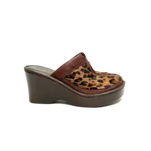 Vintage 1990s brown leather leopard print pony hair platform wedge mule clogs
