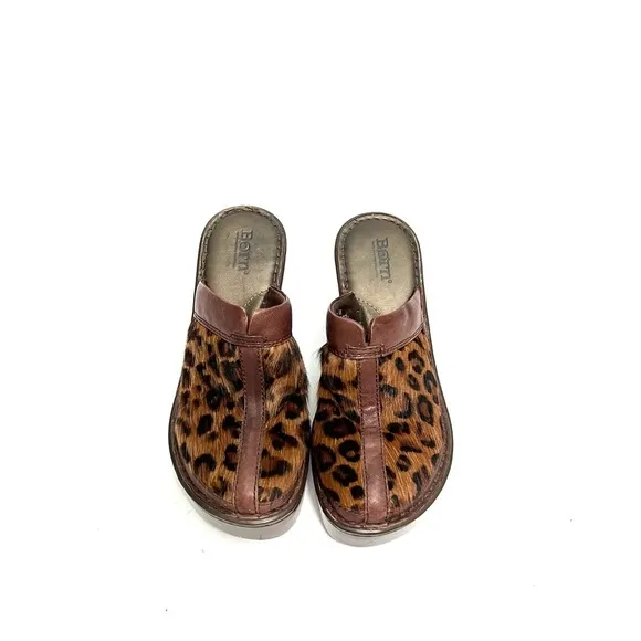 Vintage 1990s brown leather leopard print pony hair platform wedge mule clogs