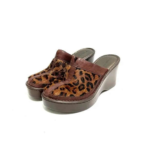 Vintage 1990s brown leather leopard print pony hair platform wedge mule clogs