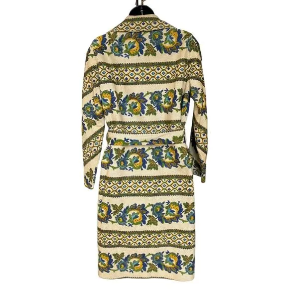 Vintage 70s Crème Blue Green Paisley Pattern Belted Boho Midi Length Trench Coat