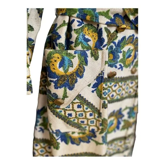Vintage 70s Crème Blue Green Paisley Pattern Belted Boho Midi Length Trench Coat