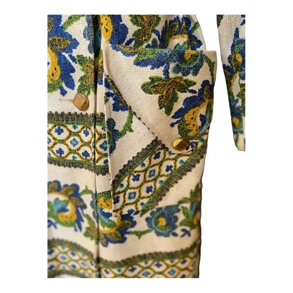 Vintage 70s Crème Blue Green Paisley Pattern Belted Boho Midi Length Trench Coat