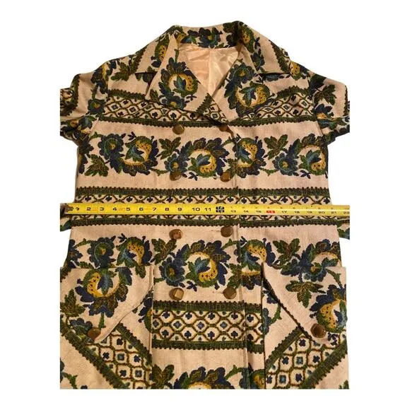 Vintage 70s Crème Blue Green Paisley Pattern Belted Boho Midi Length Trench Coat
