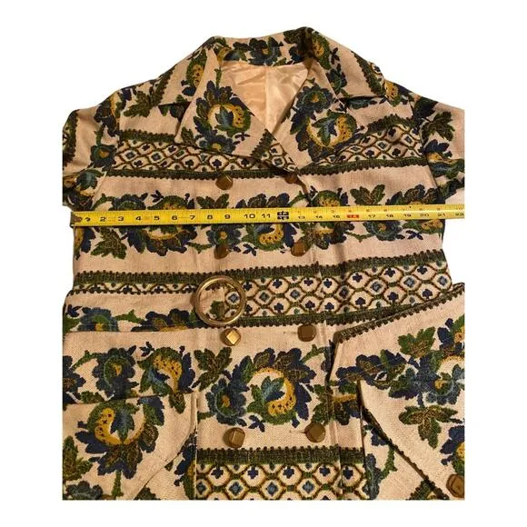 Vintage 70s Crème Blue Green Paisley Pattern Belted Boho Midi Length Trench Coat