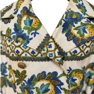 Vintage 70s Crème Blue Green Paisley Pattern Belted Boho Midi Length Trench Coat