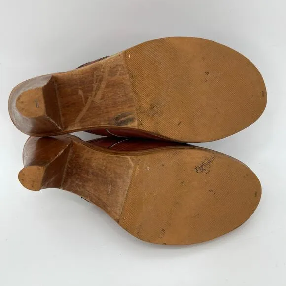 Vintage 70s Thom McAn Woodwork Clogs Sz 7.5 Heels Leather Cognac Brown Braided
