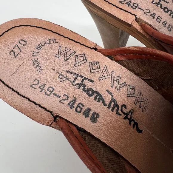 Vintage 70s Thom McAn Woodwork Clogs Sz 7.5 Heels Leather Cognac Brown Braided