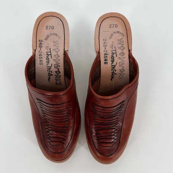 Vintage 70s Thom McAn Woodwork Clogs Sz 7.5 Heels Leather Cognac Brown Braided