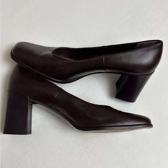 Vintage 90s Coach Brown Leather Block Heels Size 8 Made In Italy Retro Classic