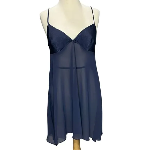 Vintage 90s Victorias Secret Babydoll Slip Dress M Blue Sheer Chemise Y2K Fairy