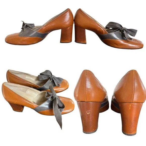 VINTAGE 90'S Y2K LACE UP LEATHER COUTURIER BLOCK HEELS SZ. 7 1/2