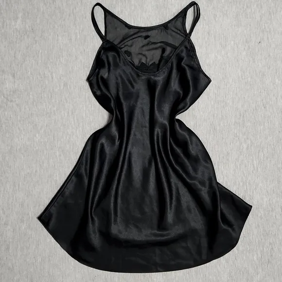 Vintage Black Sheer Mesh Satin Silk Embroidered Lingerie Chemise Slip Dress
