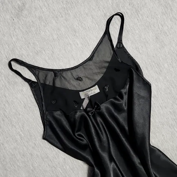 Vintage Black Sheer Mesh Satin Silk Embroidered Lingerie Chemise Slip Dress