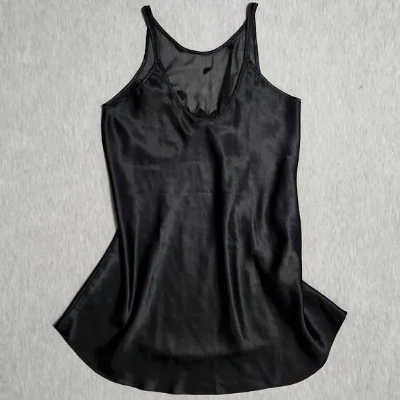 Vintage Black Sheer Mesh Satin Silk Embroidered Lingerie Chemise Slip Dress