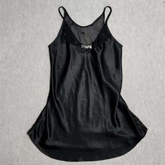 Vintage Black Sheer Mesh Satin Silk Embroidered Lingerie Chemise Slip Dress