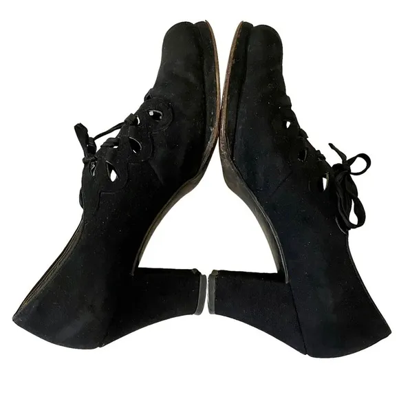 Vintage Black Suede Leather Lace-Up Peep-Toe Oxfords Pumps Heels - 6.5N