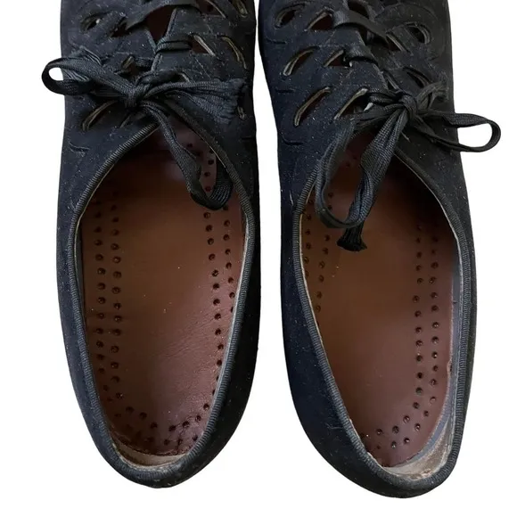 Vintage Black Suede Leather Lace-Up Peep-Toe Oxfords Pumps Heels - 6.5N