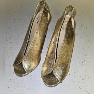 Vintage Crackled Metallic Goat Leather, Slingback, Open Toe Heels Size 5