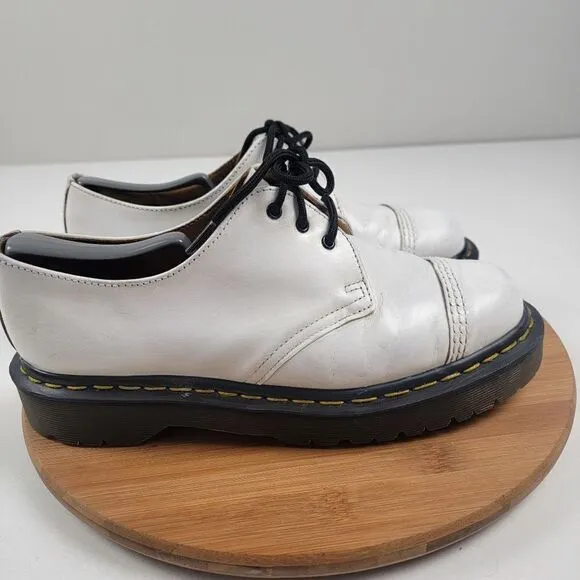 Vintage Dr Doc Martens Oxfords White Leather Chunky Shoes Made in England sz 9