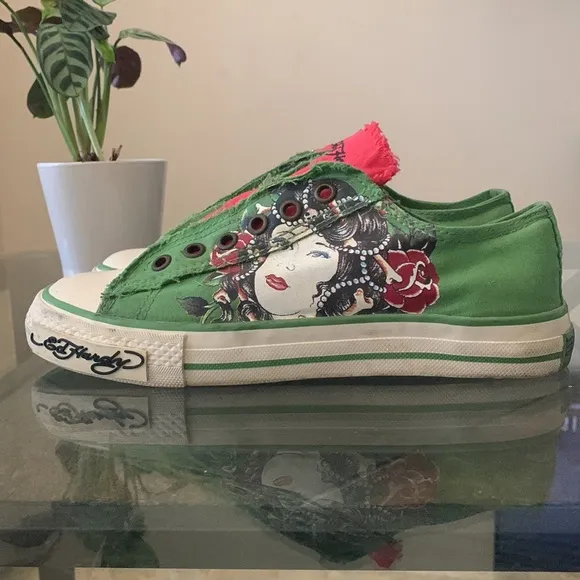 VINTAGE ED HARDY Ghost Green Skull &amp; Geisha Low Top Sneakers w/ “Dog Tag”