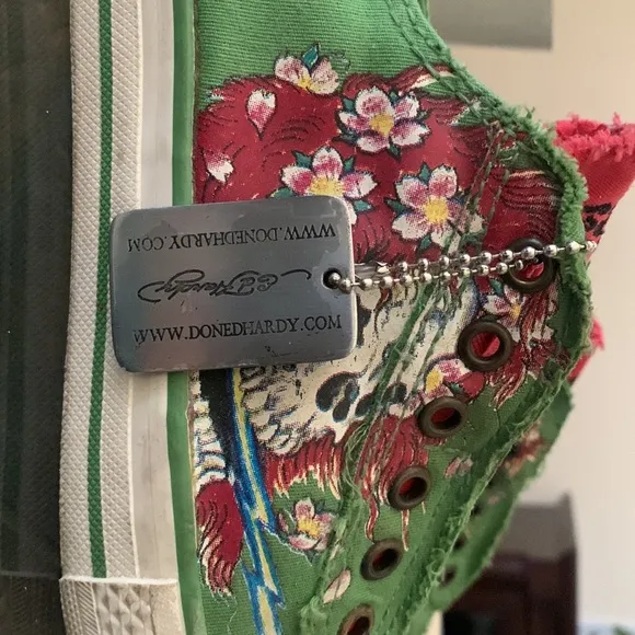 VINTAGE ED HARDY Ghost Green Skull &amp; Geisha Low Top Sneakers w/ “Dog Tag”