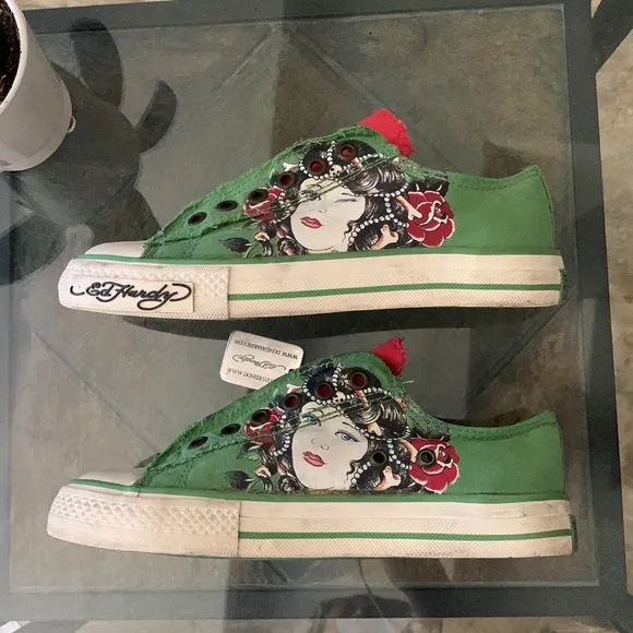 VINTAGE ED HARDY Ghost Green Skull &amp; Geisha Low Top Sneakers w/ “Dog Tag”