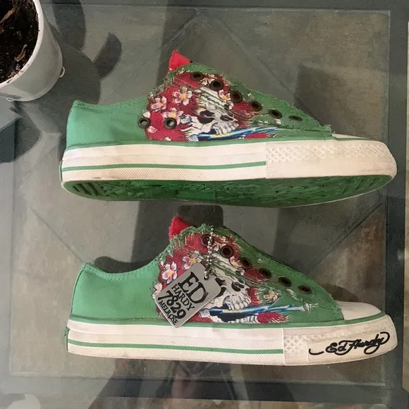 VINTAGE ED HARDY Ghost Green Skull &amp; Geisha Low Top Sneakers w/ “Dog Tag”