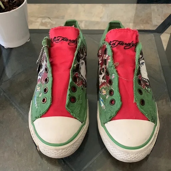 VINTAGE ED HARDY Ghost Green Skull &amp; Geisha Low Top Sneakers w/ “Dog Tag”