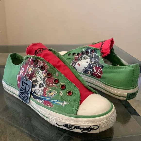 VINTAGE ED HARDY Ghost Green Skull &amp; Geisha Low Top Sneakers w/ “Dog Tag”