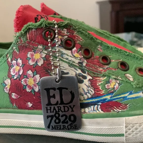 VINTAGE ED HARDY Ghost Green Skull &amp; Geisha Low Top Sneakers w/ “Dog Tag”