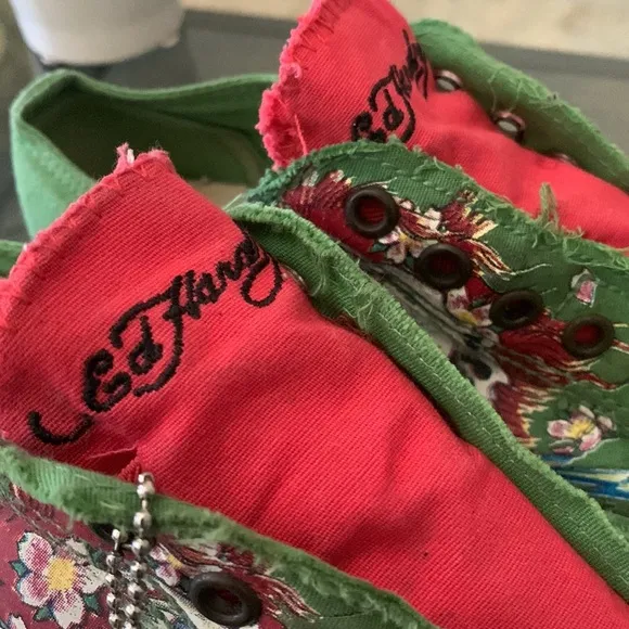 VINTAGE ED HARDY Ghost Green Skull &amp; Geisha Low Top Sneakers w/ “Dog Tag”