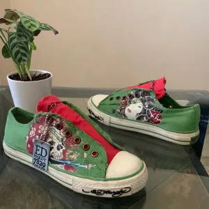 VINTAGE ED HARDY Ghost Green Skull &amp; Geisha Low Top Sneakers w/ “Dog Tag”