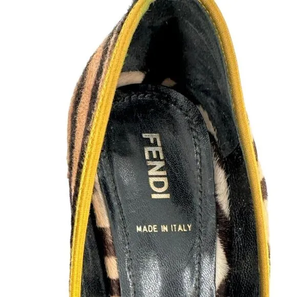 Vintage FENDI Brown Tiger Stripe Print Calf Hair Open Toe Heels Pumps Size 38