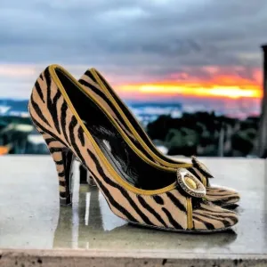 Vintage FENDI Brown Tiger Stripe Print Calf Hair Open Toe Heels Pumps Size 38