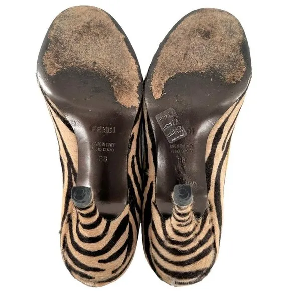 Vintage FENDI Brown Tiger Stripe Print Calf Hair Open Toe Heels Pumps Size 38