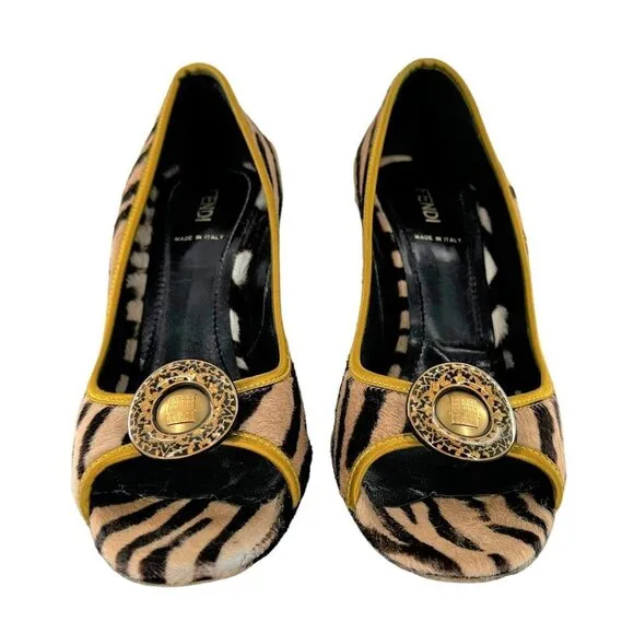 Vintage FENDI Brown Tiger Stripe Print Calf Hair Open Toe Heels Pumps Size 38