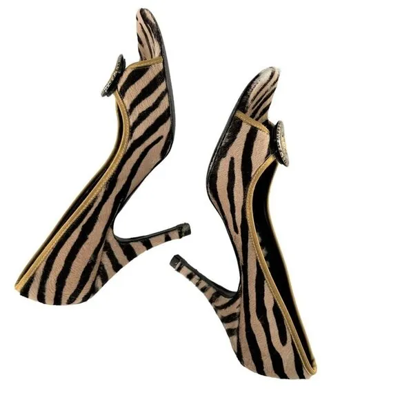 Vintage FENDI Brown Tiger Stripe Print Calf Hair Open Toe Heels Pumps Size 38