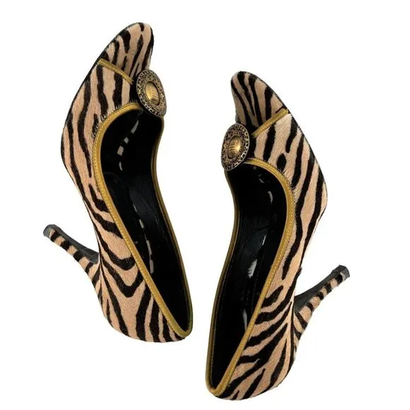Vintage FENDI Brown Tiger Stripe Print Calf Hair Open Toe Heels Pumps Size 38
