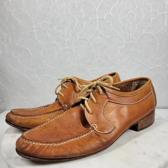 Vintage Hand Sewn Oxfords Mens 11D Tanned Soft Leather Soles Casual Laces