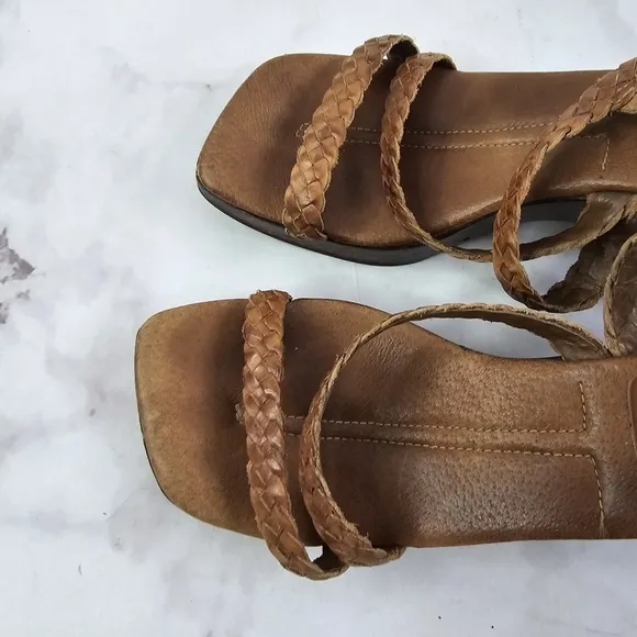 Vintage Heels 90s Y2K Women 9.5 M Brown Leather Braided Square Toe Wood Shoe