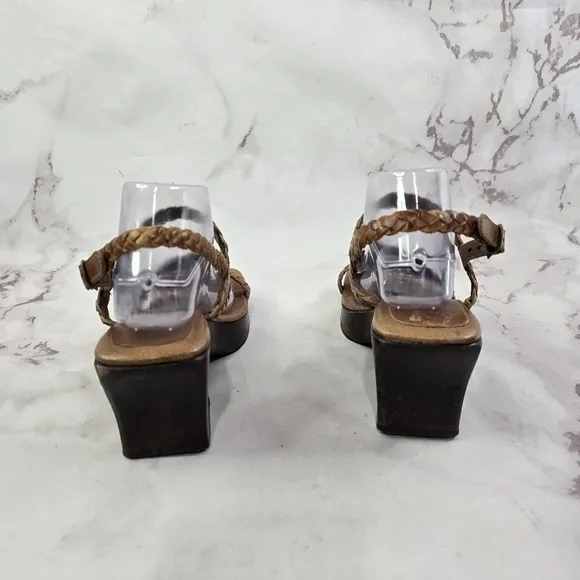 Vintage Heels 90s Y2K Women 9.5 M Brown Leather Braided Square Toe Wood Shoe