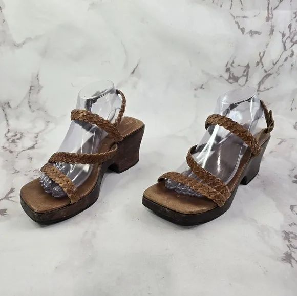 Vintage Heels 90s Y2K Women 9.5 M Brown Leather Braided Square Toe Wood Shoe