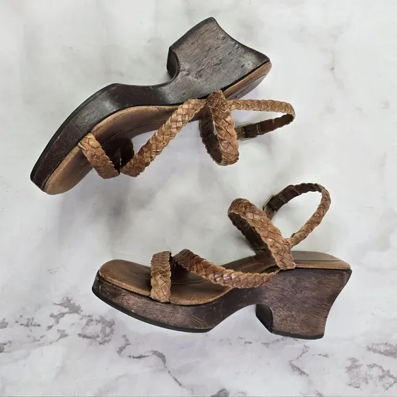 Vintage Heels 90s Y2K Women 9.5 M Brown Leather Braided Square Toe Wood Shoe