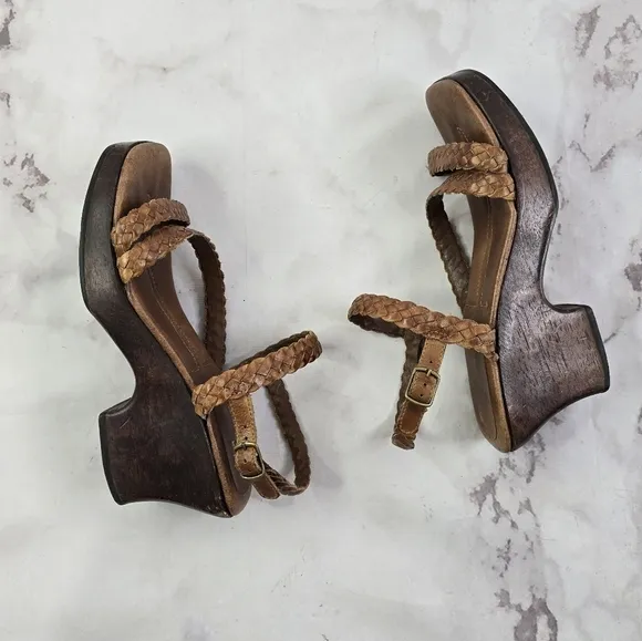Vintage Heels 90s Y2K Women 9.5 M Brown Leather Braided Square Toe Wood Shoe