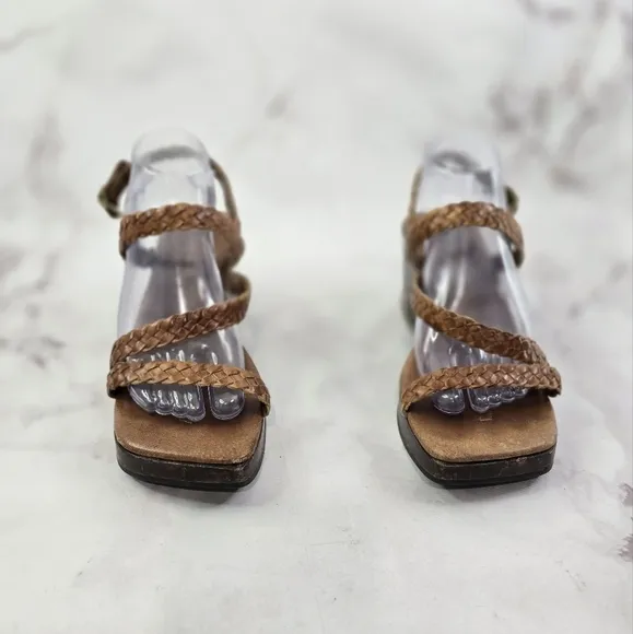Vintage Heels 90s Y2K Women 9.5 M Brown Leather Braided Square Toe Wood Shoe