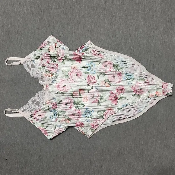 Vintage Lacey Floral Lingerie Satin Teddy Chemise Slip V-Neck Bodysuit Tank Top