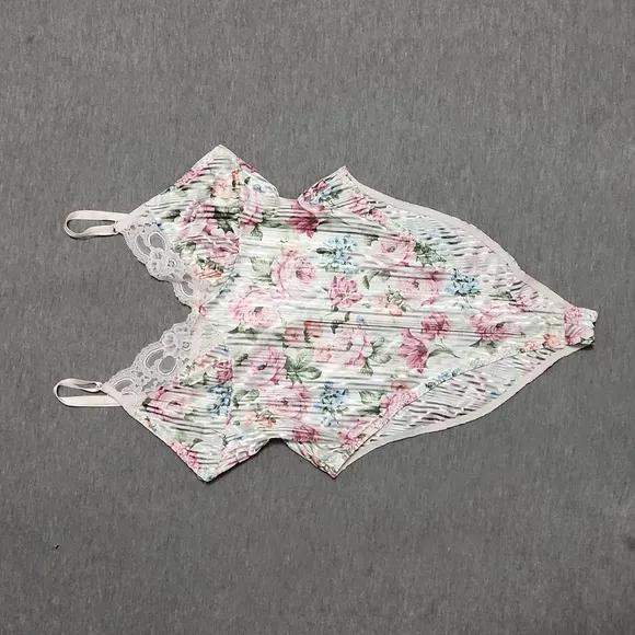 Vintage Lacey Floral Lingerie Satin Teddy Chemise Slip V-Neck Bodysuit Tank Top