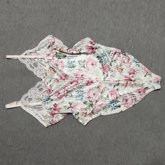 Vintage Lacey Floral Lingerie Satin Teddy Chemise Slip V-Neck Bodysuit Tank Top